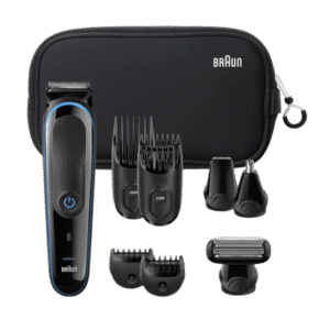 Braun All-in-one trimmer 3 for Face, Hair, and Body, Black/Blue 9-in-1 styling kit with Gillette Fusion5 Pro Glide razor, MGK3980