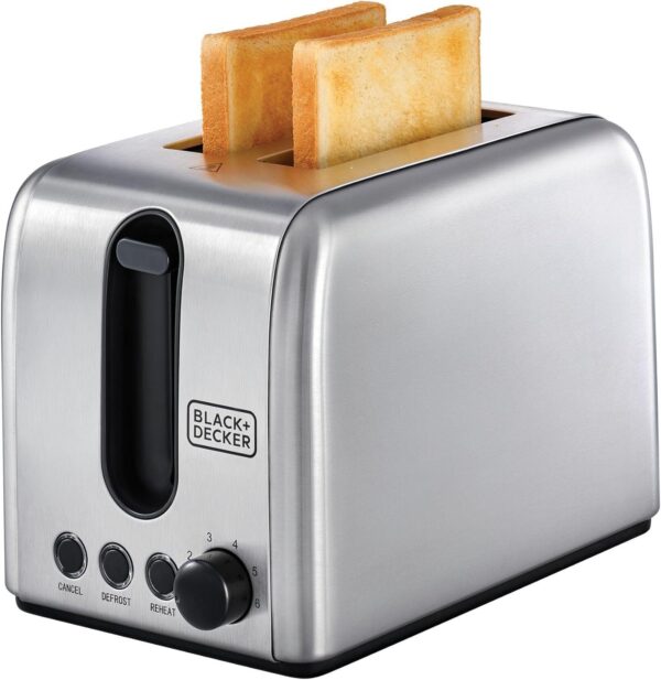 Black+Decker ET244-B5 Toaster – 1050W, 2-Slice, Stainless Steel Body, 6 Browning Levels, Defrost/Reheat/Cancel Functions