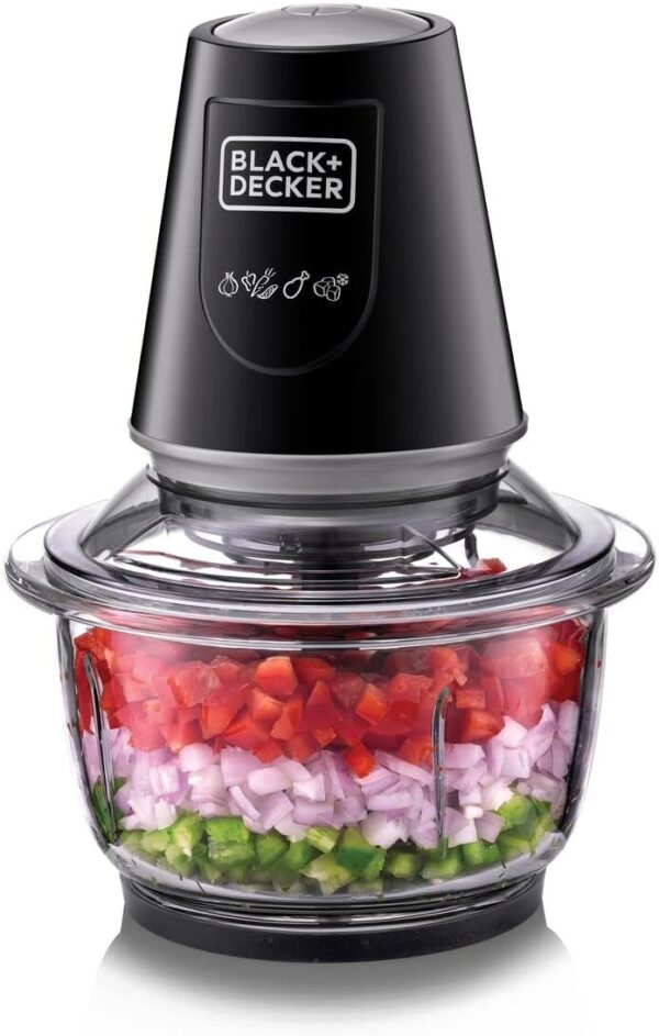 Black+Decker GC400-B5 400W Vertical Glass Chopper – 1.2L Glass Bowl, Quad Blade System, Pulse Function, Black