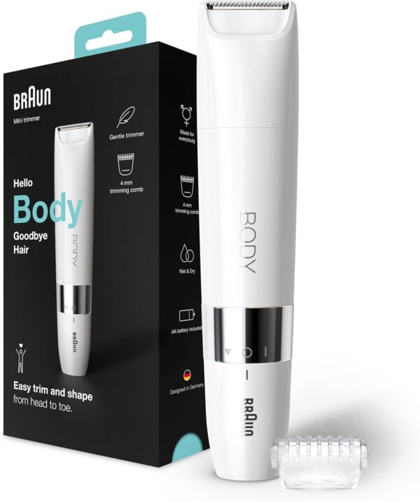 Braun BS1000 Body Mini Trimmer – Wet & Dry, Portable Body Hair Removal with Trimming Comb (White)