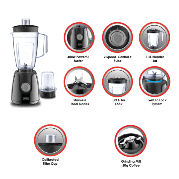 Black+Decker BX4130-B5 400W Blender & Grinding Mill – 1.5 L Jar, 2 Speeds + Pulse - Image 2
