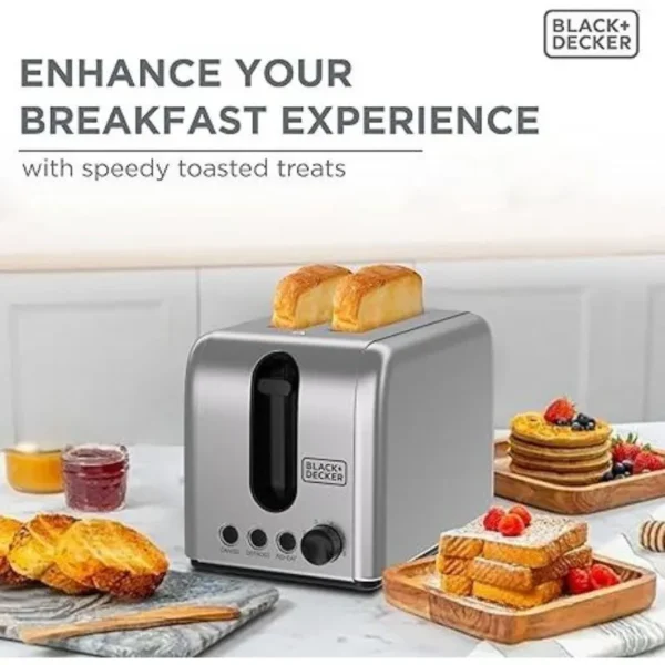 Black+Decker ET244-B5 Toaster – 1050W, 2-Slice, Stainless Steel Body, 6 Browning Levels, Defrost/Reheat/Cancel Functions - Image 3