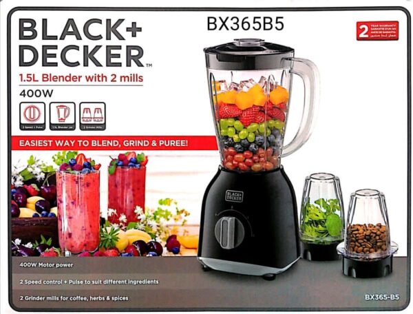 Black+Decker BX365-B5 400W Blender with 1.5L Jar & 2 Grinder Mills – 3-in-1 Kitchen Set - Image 3